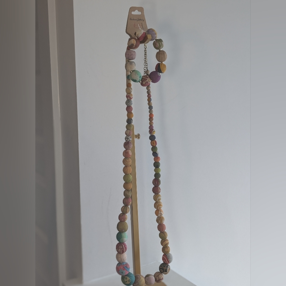 Bohemian Multicolor Fabric Beaded Necklace and Bracelet Set - Picture 3 of 4